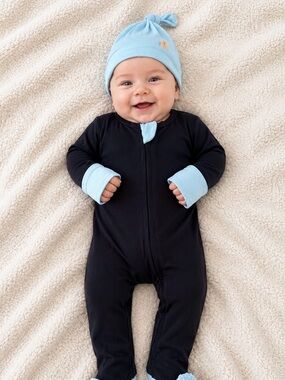 Mamba Bamboo Baby Black Footed One-Piece with Light Blue Trim and Hat - New